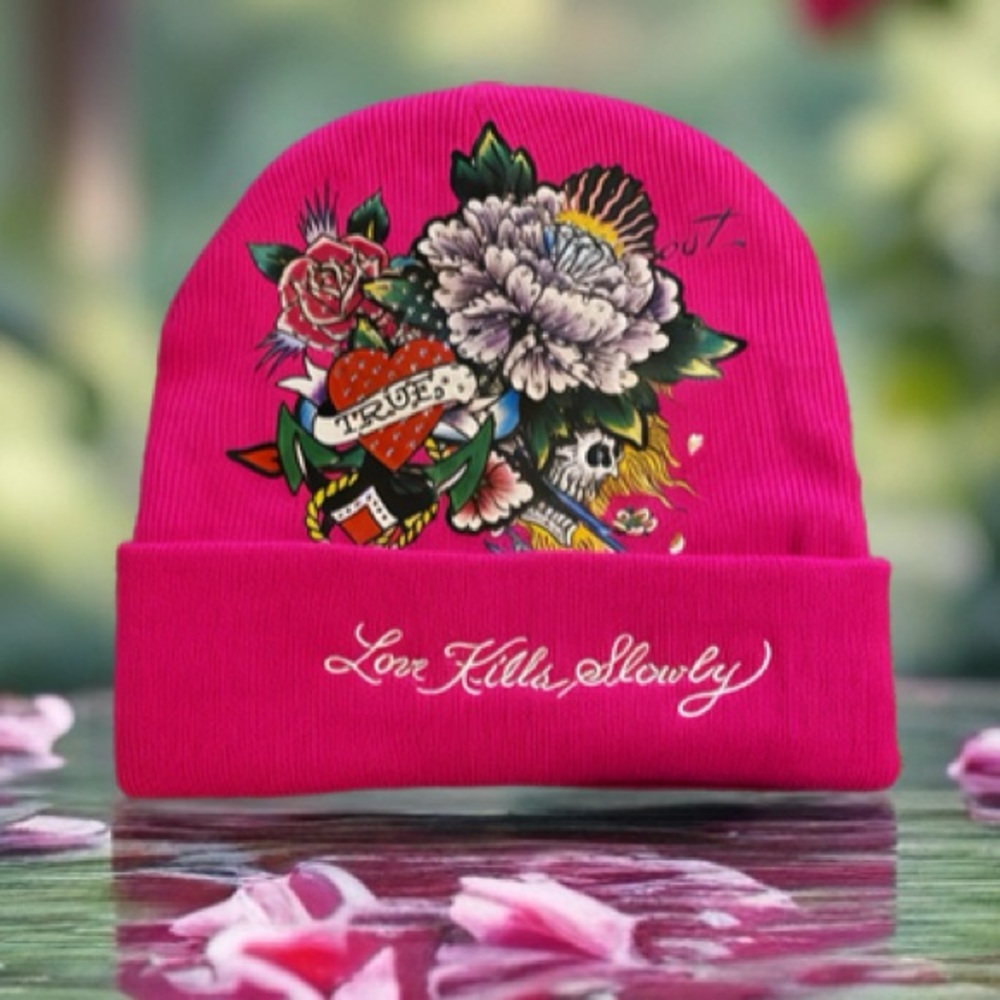 Ed Hardy Beanie embroidered rhinestones hot pink
